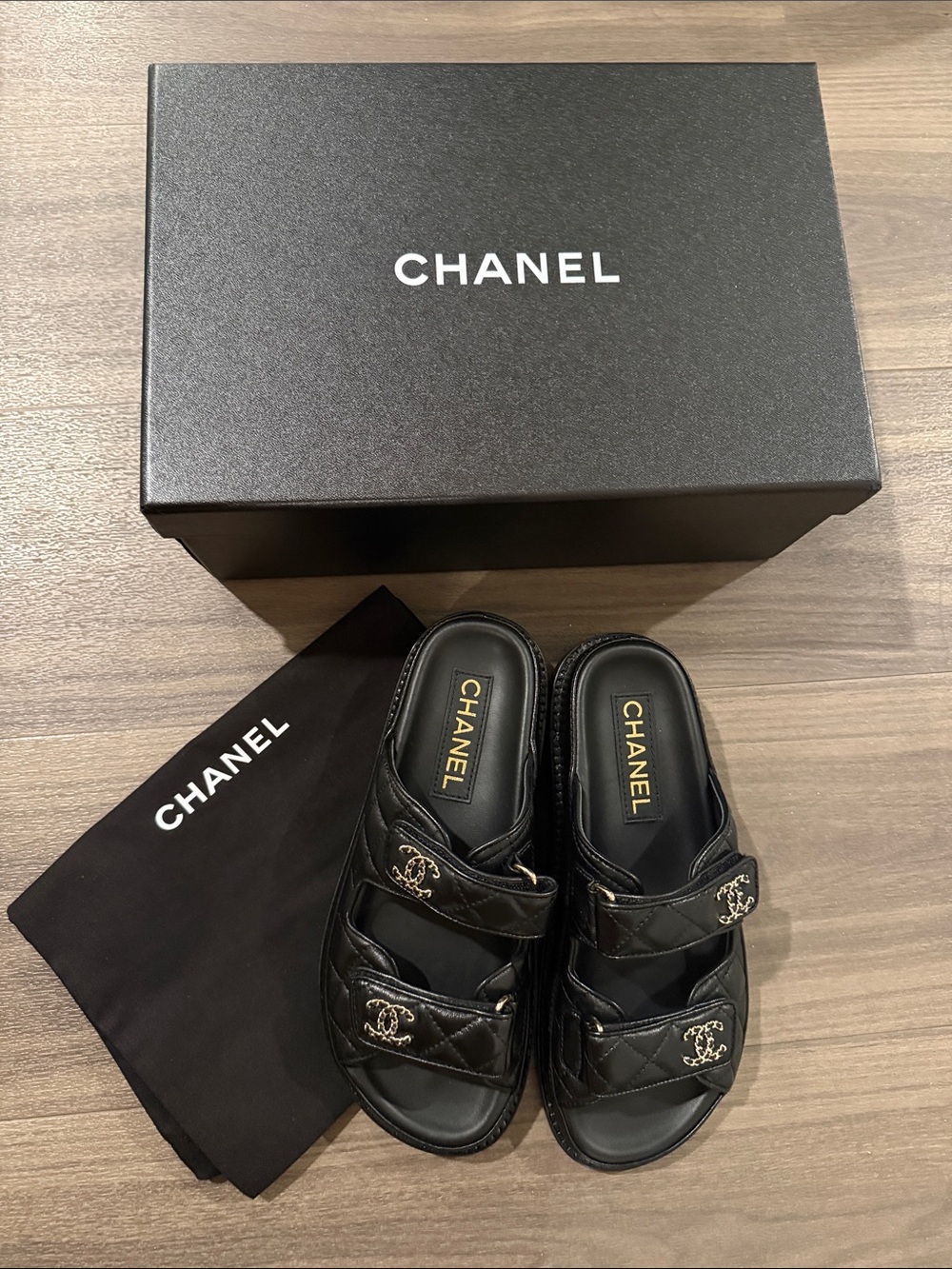 Chanel Lambskin Quilted Velcro Dad Chain CC Slide Sandals 37C Black